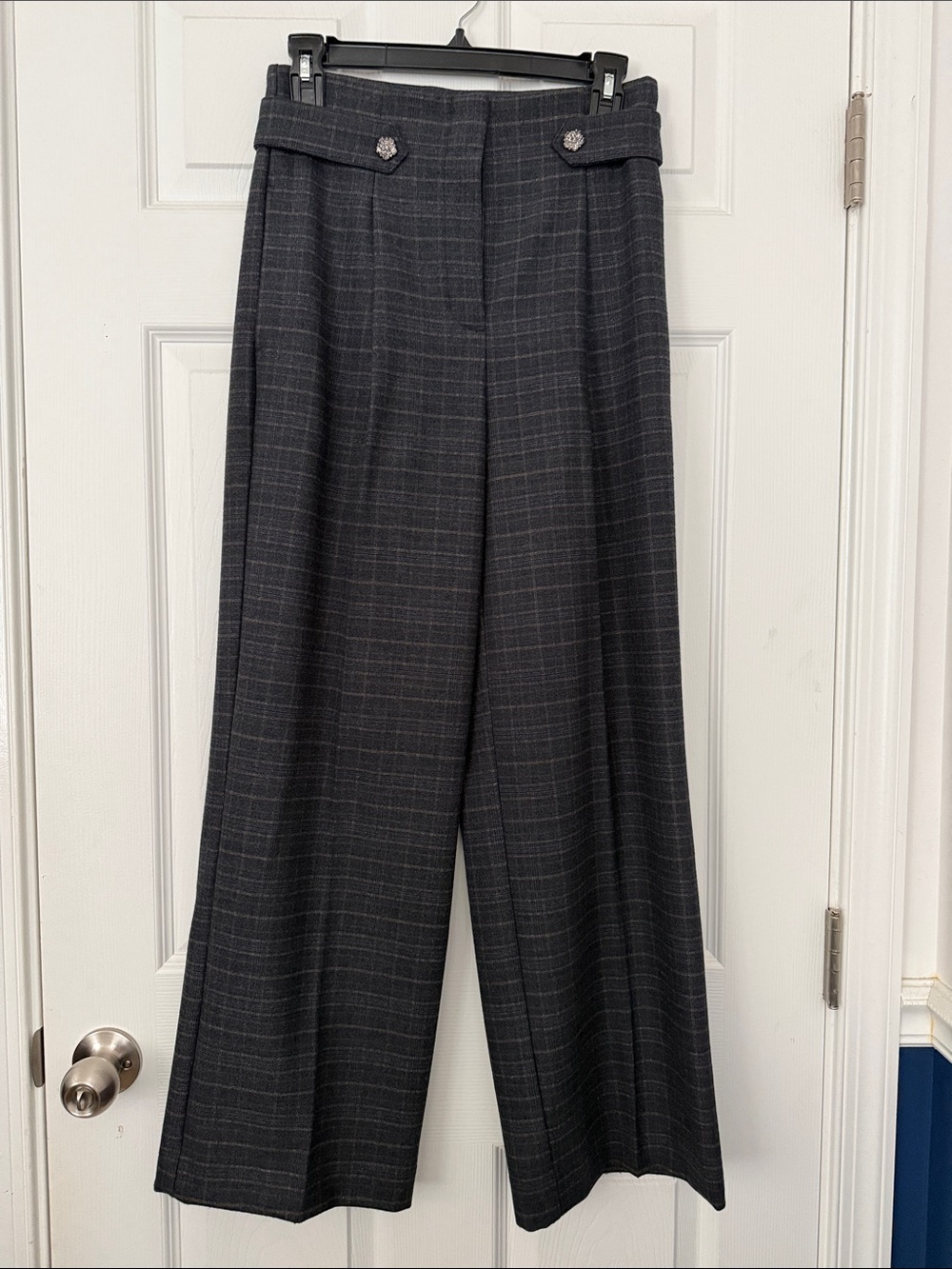 LOFT Charcoal Plaid Wide-Leg Trousers with Decorative Tabs